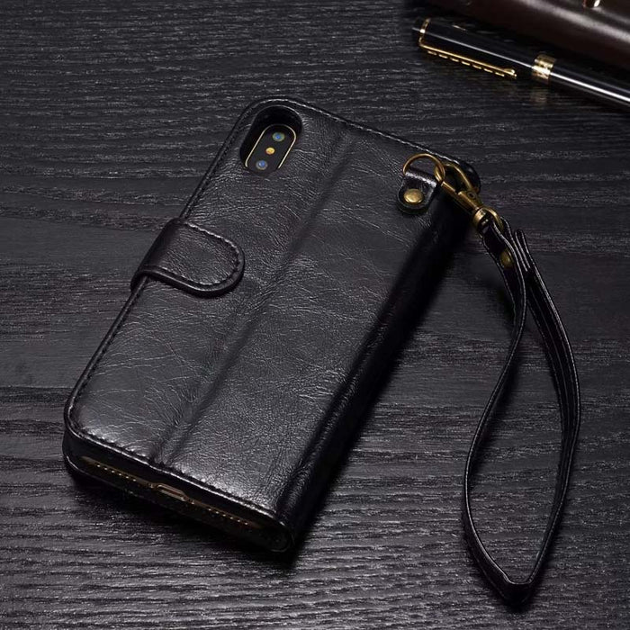 For Apple iPhone X Case Original Luxury Retro Genuine Leather Flip Wallet Phone Cover + Card Slot Lanyard Detachable Back Shell - iDeviceCase.com